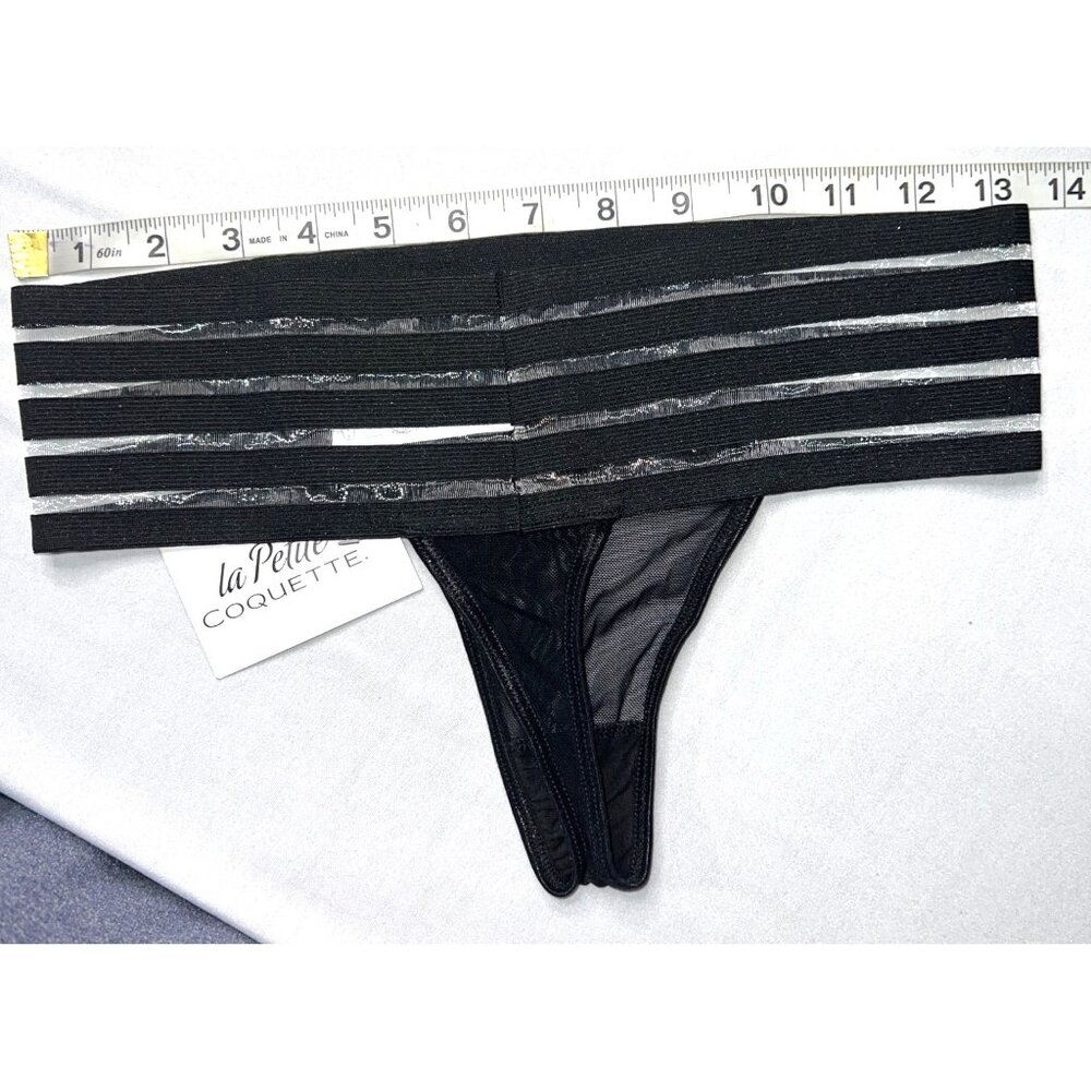 La Petite Coquette Black Mesh & Stripe Thong Panties